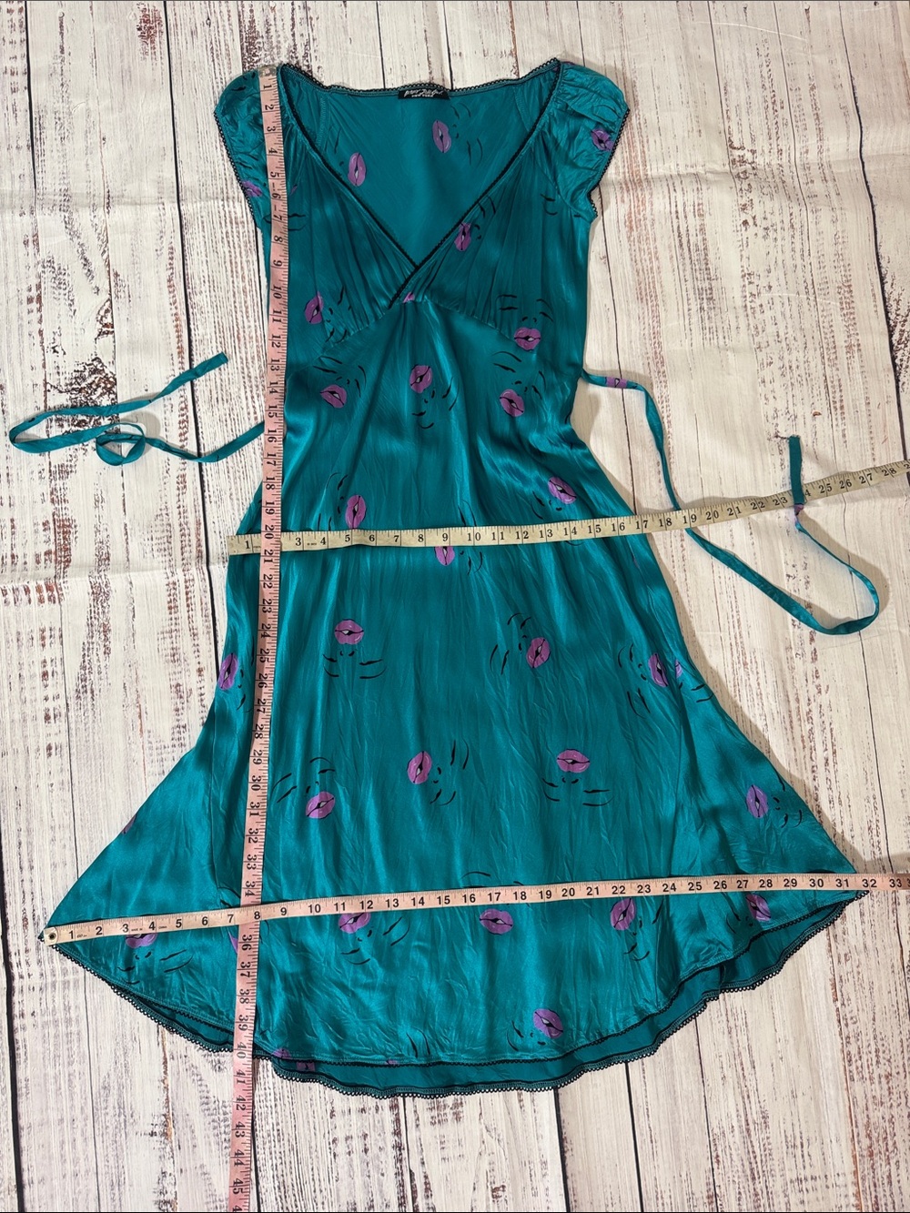 Betsey Johnson Vintage Teal Satin Midi Marylin Monroe Dress - Picture 8 of 9